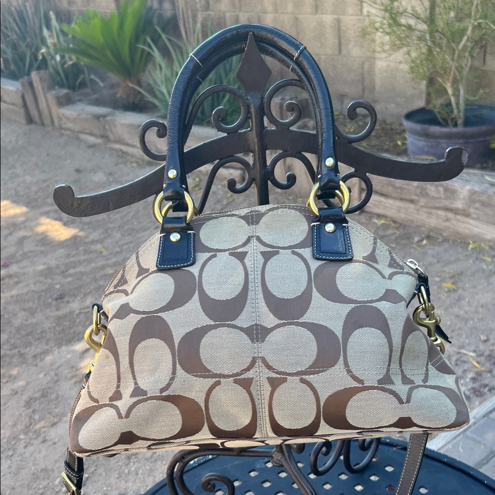 Coach Beige and Dark Brown Signature Canvas Satchel with Gold Hardware - Picture 2 of 7